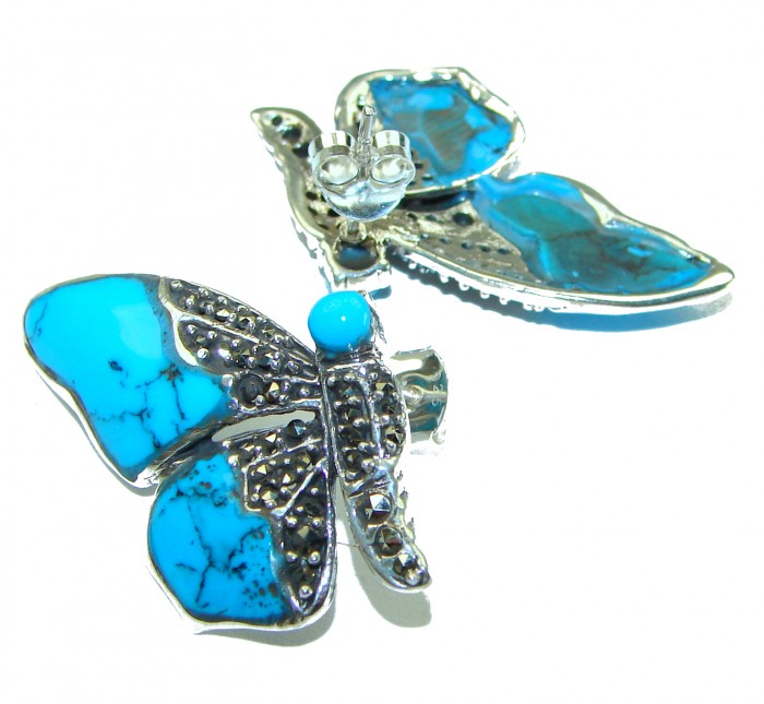 Blue Butterfly Precious natural Turquoise .925 Sterling Silver handcrafted Earrings - photo 1