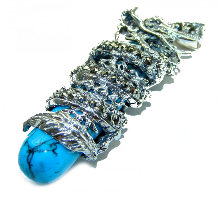 Wild Dragon Turquoise Marcasite .925 Sterling Silver handmade Pendant - photo 3