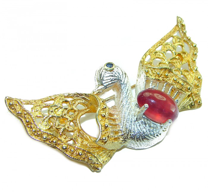 Perfect Swan Ruby 14K Gold over .925 Sterling Silver handmade Pendant Brooch - photo 3