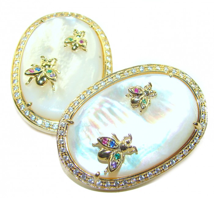 Genuine Blister Pearl lab grown Diamond 18K Gold over .925 Sterling Silver handcrafted Large Statement Earrings - photo 2