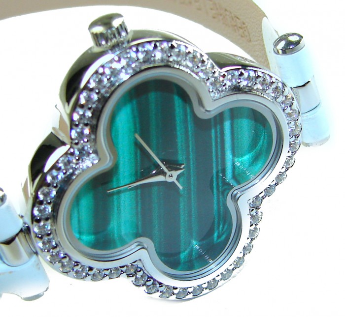 Precious 18.5 carat Authentic Four Leaf Clover Malachite Genuine Leather strap .925 Sterling Silver handmade Watch - photo 1
