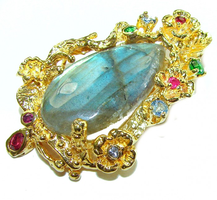 Magical Aurora 38.5 carat Fire Labradorite 2 tones .925 Sterling Silver handcrafted Pendant Brooch - photo 3
