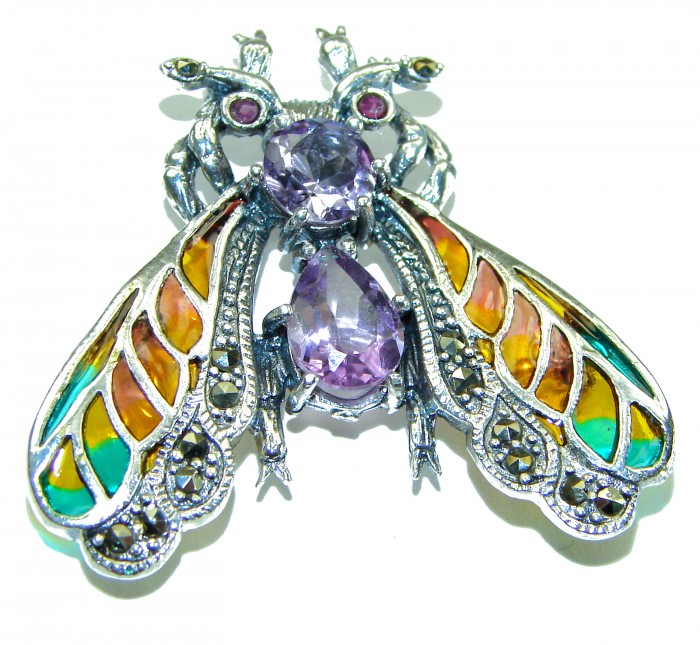 Precious Bee genuine Amethyst Enamel .925 Sterling Silver handmade Pendant - Brooch - photo 1