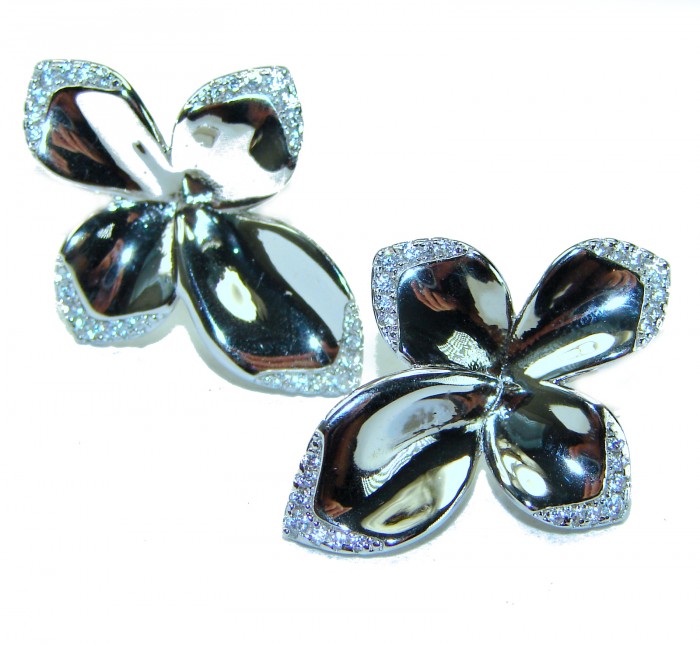 Lotus flower White Topaz highly polished Rhodium over .925 Sterling Silver Italy made Earrings - photo 2