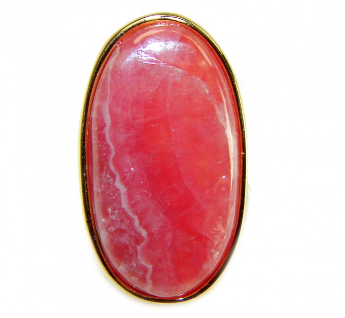 Strawberry Fields - Argentinian Rhodochrosite 18K Gold over .925 Sterling Silver handmade ring size 4 - Close-up of Strawberry Fields Argentinian Rhodochrosite in 18K Gold.