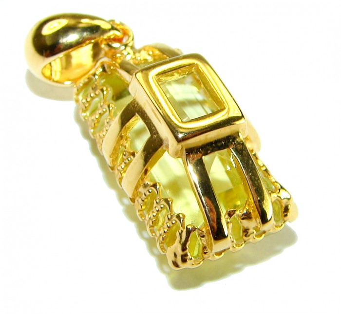 Emerald cut 10.3 carat Lemon Quartz 18K Gold over .925 Sterling Silver handcrafted pendant - Emerald cut lemon quartz pendant, close-up detail, 18K gold over sterling silver