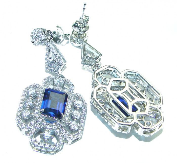 Luxurious 6.5 carat Sapphire White Sapphire .925 Sterling Silver handcrafted Statement earrings - Close-up of luxurious sapphire and white sapphire earrings.