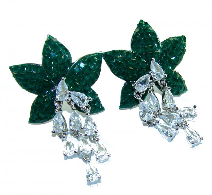 Giovanna - Authentic 19.9 carat Ruby .925 Sterling Silver handcrafted earrings - Front view of floral emerald and diamond earrings in sterling silver