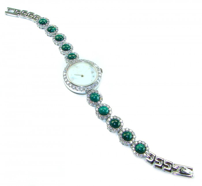 Precious Authentic Australian Malachite .925 Sterling Silver handmade Bracelet Watch - Luxury watch with malachite stones and silver bracelet, top view.