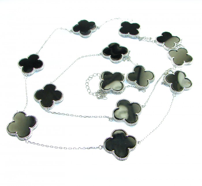 38 inches Outstanding authentic inlay ONYX Lucky Four Leaf Clover .925 Sterling Silver necklace - 38-inch onyx four-leaf necklace, overhead view