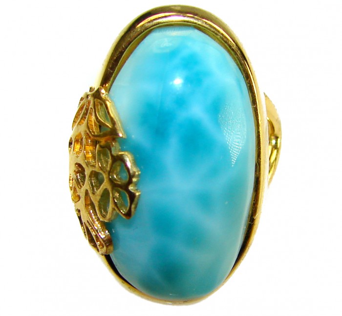 Blue Perfection best QUALITY Blue Larimar 18K rose Gold over .925 Sterling Silver handmade Large ring size 6 3/4 - Blue Larimar stone close-up with 18K rose gold floral detail.