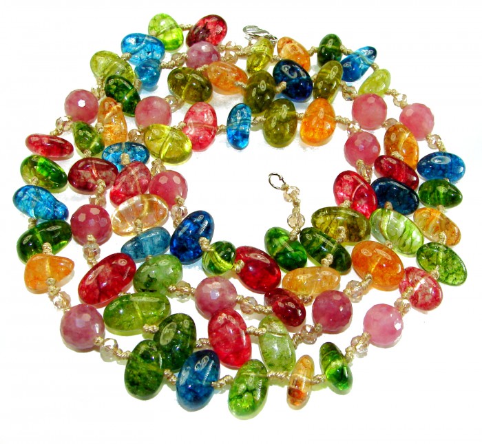 Infinity authentic 114.5 carat Brazilian Tourmaline .925 Sterling Silver handcrafted necklace - Colorful Brazilian tourmaline necklace, full view, close-up of stones.