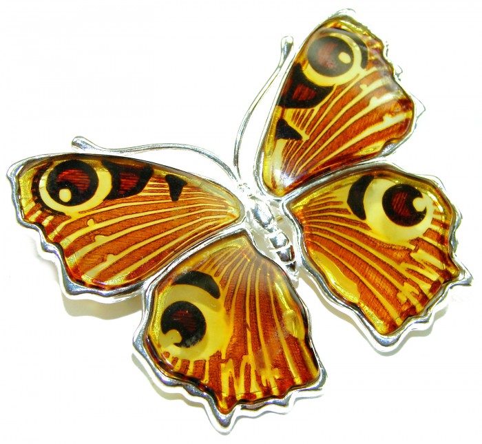 Large Golden Butterfly carved Baltic Polish Amber .925 Sterling Silver handcrafted Pendant / Brooch - Close-up of large golden butterfly amber pendant in sterling silver.