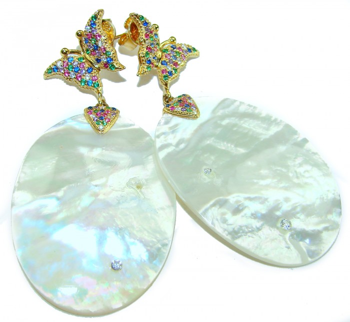 Large Genuine Blister Pearl 18K Gold over .925 Sterling Silver handcrafted Statement Earrings - Butterfly earrings with large pearls and colorful gems, front view.