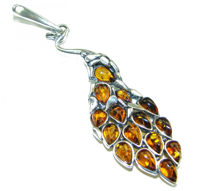 2 7/8 inches! Peacock Prehistoric Authentic Baltic Amber .925 Sterling Silver beautifully handcrafted Pendant - Amber peacock pendant, side view, silver setting.