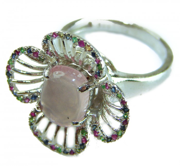 Vintage Design - Brazilian Rose Quartz 5.5 carat .925 Sterling Silver handcrafted Ring size 8 - Close-up of vintage Brazilian Rose Quartz ring with colorful accents.