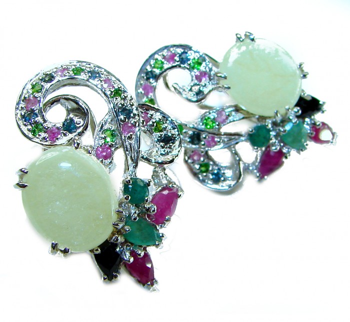 TIFFANY 5.2 carat 6.8 CARAT Australian White Opal .925 Sterling Silver incredible handcrafted Earrings - Close-up of Tiffany Australian White Opal earrings with colorful stones.