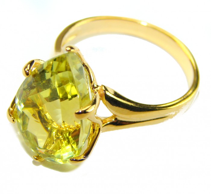 Solid 11.8 carat Genuine Lemon Quartz .925 Sterling Silver DIPPED IN REAL 18K GOLD handcrafted ring size 8 - Side view of an 11.8 carat lemon quartz ring in sterling silver.