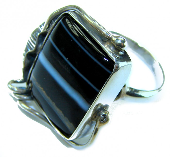 Roxanna - Huge 12.5 carat Black Onyx .925 Sterling Silver handcrafted ring; s. 8 - Close-up of Black Onyx ring in .925 Sterling Silver setting.