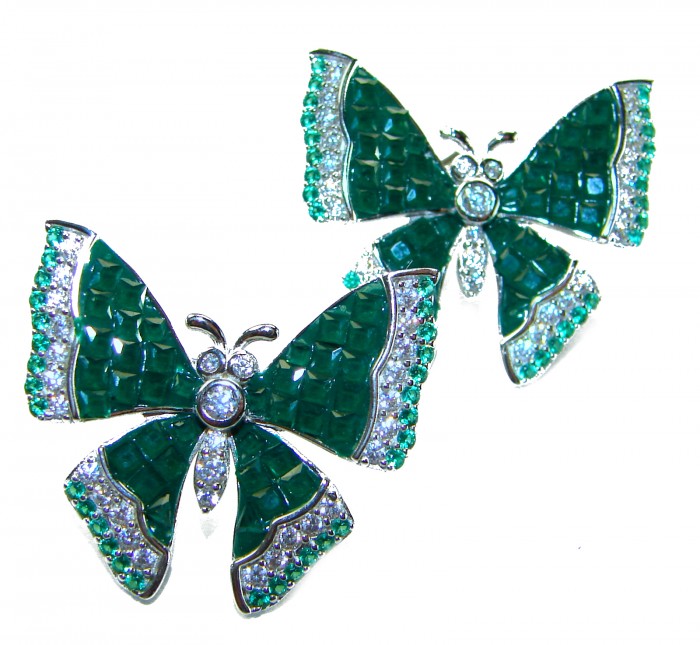 Incredible green Butterflies genuine 11.5 CARAT Emerald .925 Sterling Silver handcrafted Earrings - Two butterfly brooches with emerald and diamond detail shown from above.