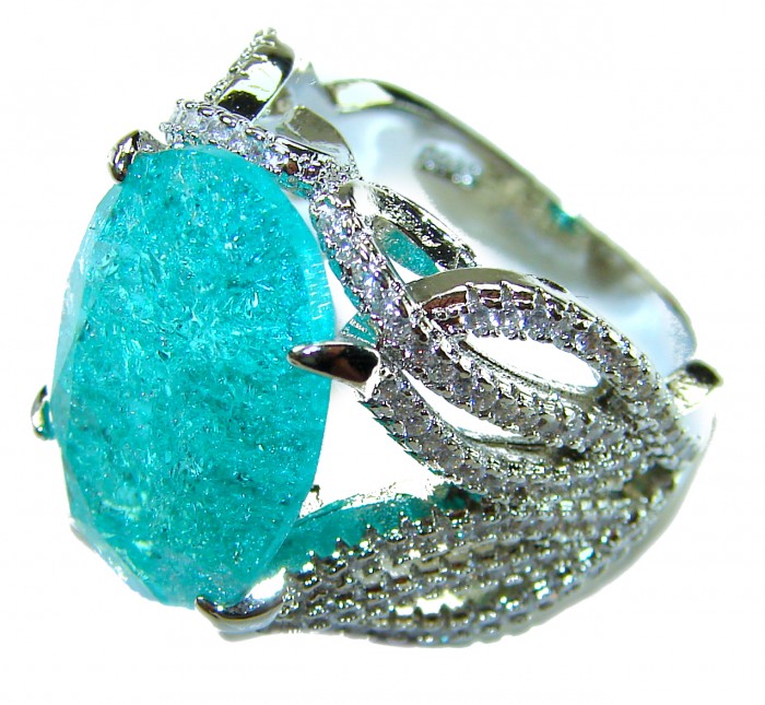Gabriella 4.2 carat authentic Paraiba Tourmaline rhodium over .925 Sterling Silver handcrafted Statement Ring size 7 1/4 - Close-up of a Gabriella Paraiba Tourmaline ring with intricate setting.