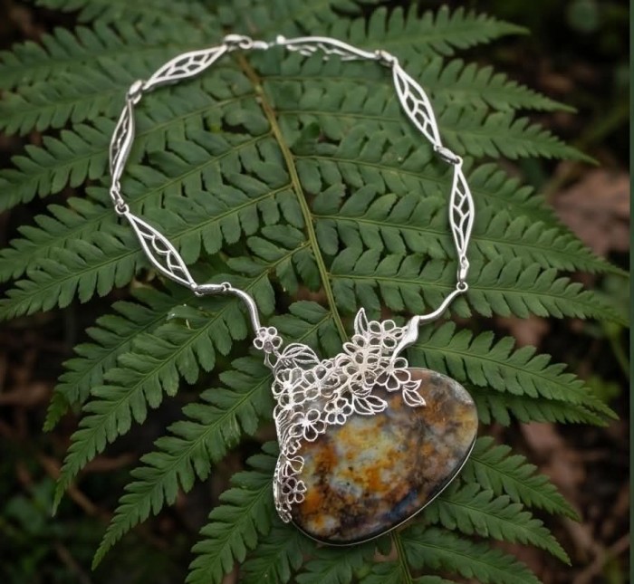 Huge Authenic Australian Boulder Opal .925 Sterling Silver dipped in rhodium brilliantly handcrafted necklace - Australian Boulder Opal necklace with floral design on fern backdrop