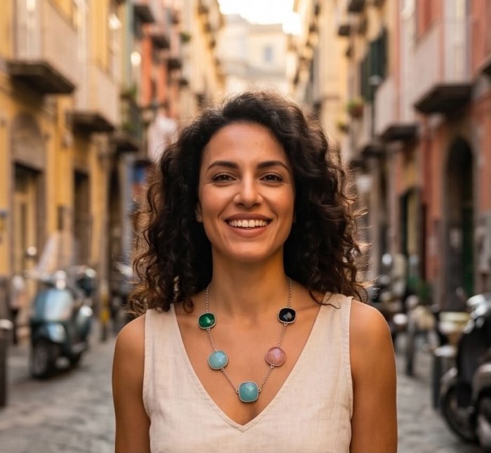 Serafina Multistone Statement 18 inches long rhodium over .925 Sterling Silver necklace - Woman wearing Serafina Multistone Necklace, street background