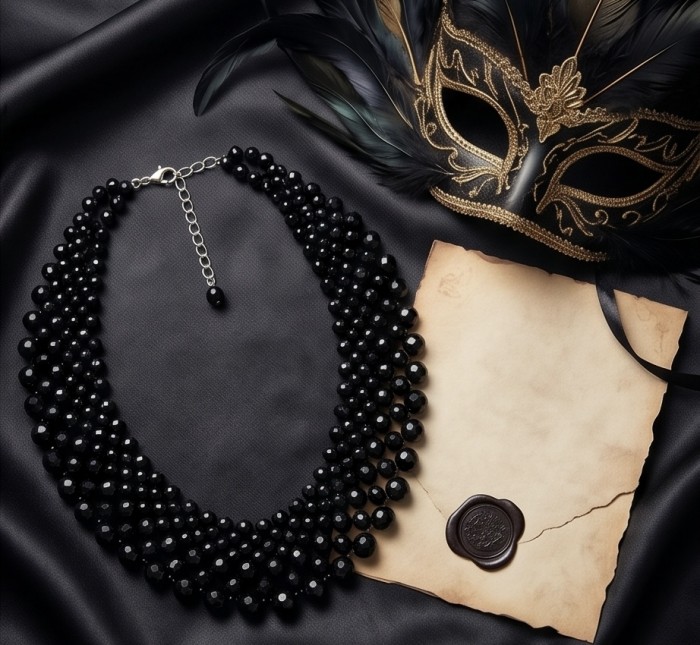 Rachel 250 carat Authentic Onyx .925 Sterling Silver handmade Necklace - Flat lay of black onyx necklace with a mask and sealed parchment.
