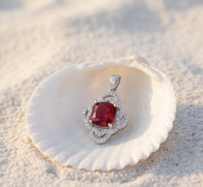 Authentic 6.5 CARAT Ruby .925 Sterling Silver Pendant - Ruby silver pendant close-up in a seashell on sand.