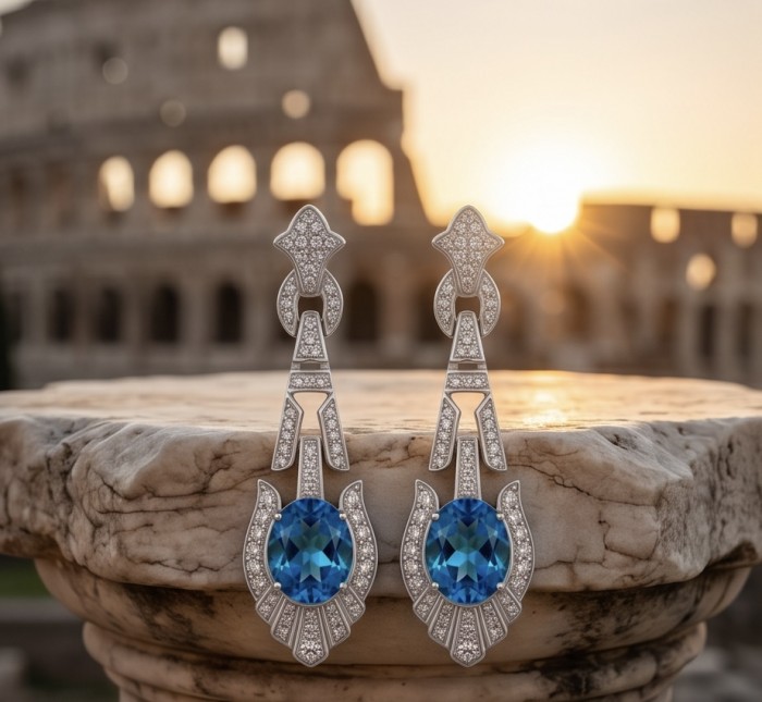 Art Deco 4.8 carat oval cut Swiss Blue Topaz rhodium over .925 Sterling Silver Handcrafted Statement earrings - Art Deco Swiss Blue Topaz earrings with Colosseum backdrop, front view