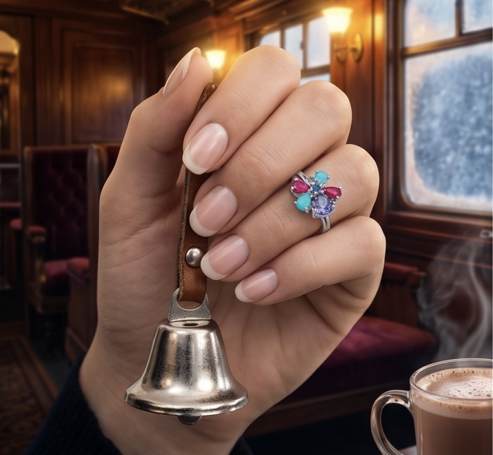 Flower 7.2 carat Multigem .925 Sterling Silver Handcrafted Ring size 7 - Hand view showing Flower Multigem ring and holding a bell in a cozy setting.