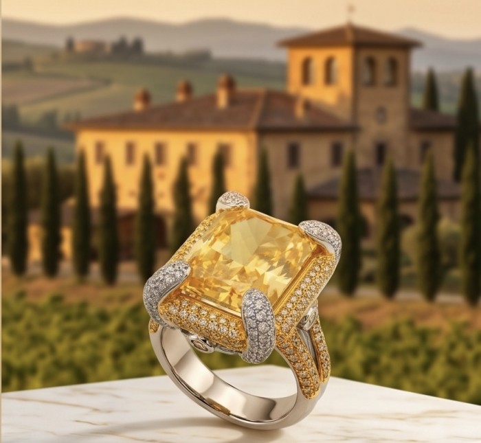 Wearable Art - Solid 27.2 carat Genuine Yellow Sapphire .925 Sterling Silver handcrafted ring size 8 - Close-up of 27.2 carat yellow sapphire ring with scenic background