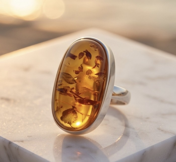 Beauty of the Sea - Natural Baltic Amber .925 Sterling Silver handcrafted ring; s. 7 adjustable - Oval amber ring close-up on white surface