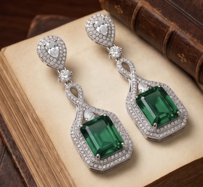 Valentina 8.2 carat Emerald .925 Sterling Silver dipped in rhodium Statement handcrafted earrings - Valentina 8.2 carat emerald earrings on a book, top view.