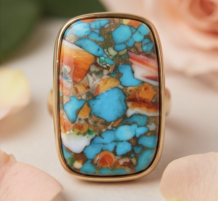 Rare 49.5 carat Oyster Turquoise 18K Gold over .925 Sterling Silver handcrafted Large ring; s. 7 adjustable - Close-up of Oyster Turquoise ring in 18K Gold over .925 Sterling Silver