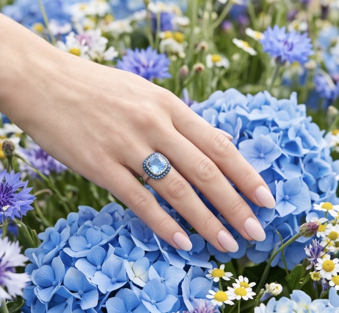 Pacifica 14.8 carat Swiss Blue Topaz .925 Sterling Silver dipped in rhodium handcrafted ring size 6 - Swiss Blue Topaz ring worn on hand with blue hydrangeas in background.