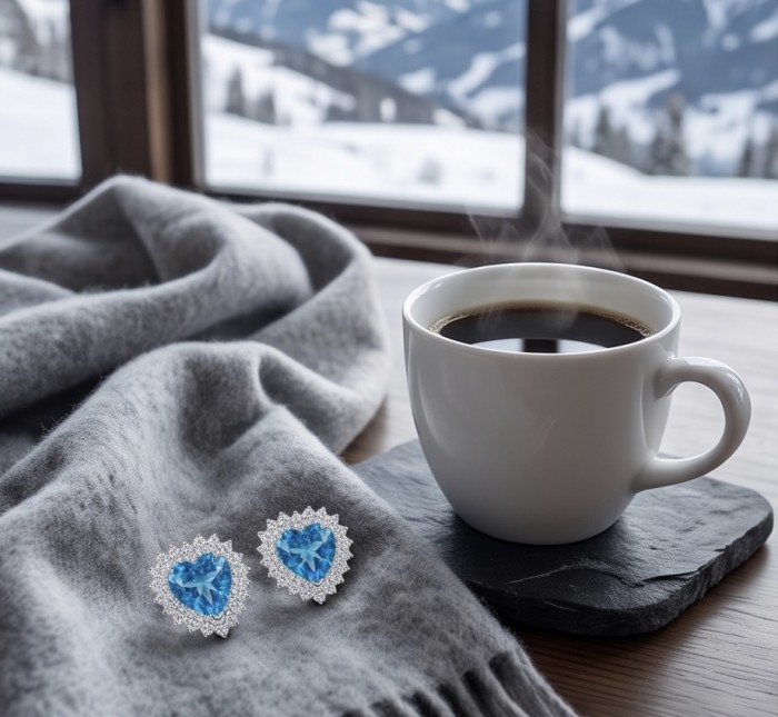 Heartes 6.7 carat Swiss Blue Topaz .925 Sterling Silver Handcrafted earrings - Blue topaz earrings on a blanket beside coffee with snowy window view.