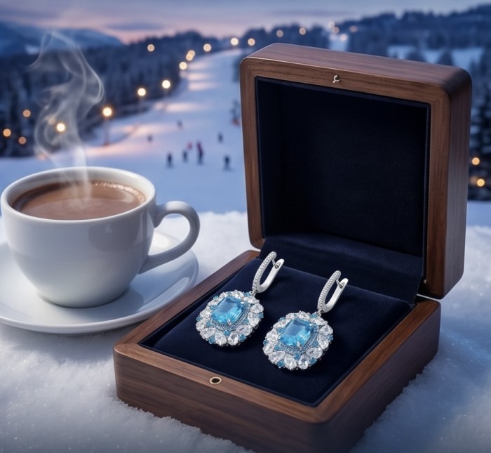 Atlantica 25.7 carat Swiss Blue Topaz .925 Sterling Silver Handcrafted Statement earrings - Swiss Blue Topaz earrings in open box, snowy background with hot cocoa