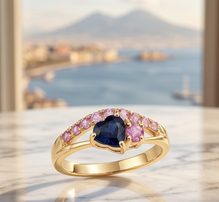 Scarlett 0.7 ctw Mozambique Ruby .925 Sterling Silver handcrafted Statement Ring size 8 - Gold ring with heart-shaped blue stone, pink accents; side view.