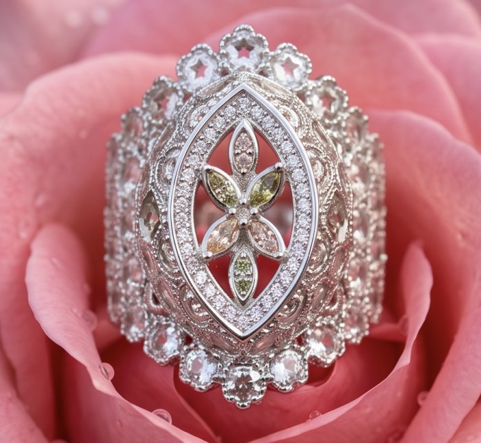 Casablanca Italy made 2.2 carat Tourmaline .925 Sterling Silver brilliantly handcrafted ring s. 6 1/2 - Ornate sterling silver ring with tourmaline, close-up on pink rose.