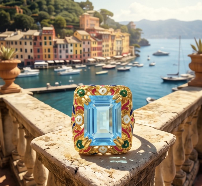 Nirvana Natural Fancy baquette cut 15.8 carat Swiss Blue Topaz .925 Sterling Silver dipped in 22K Gold handmade Statement Ring size 7 - Close-up of Nirvana Natural Fancy 15.8 ct Swiss Blue Topaz ring