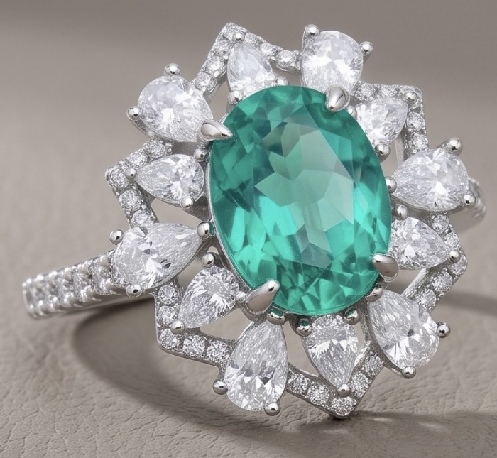 WONDERLAND 4.8 carat Paraiba Tourmaline .925 Sterling Silver Handcrafted Ring size 8 1/4 - Paraiba tourmaline ring close-up, pear-cut diamond accents, silver setting