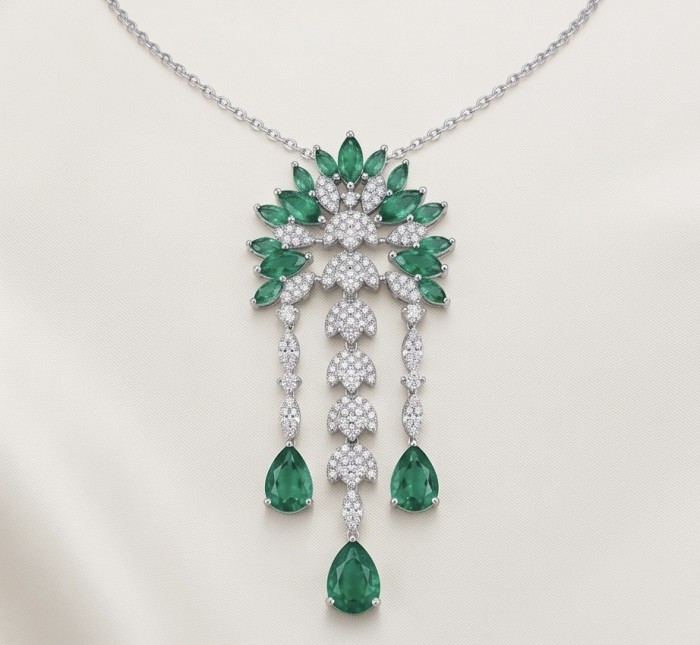 Precious 7.8 carat natural Colombian Emerald rhodium over .925 Sterling Silver Statement Necklace - Emerald and diamond necklace front view, 7.8 carat Colombian emeralds