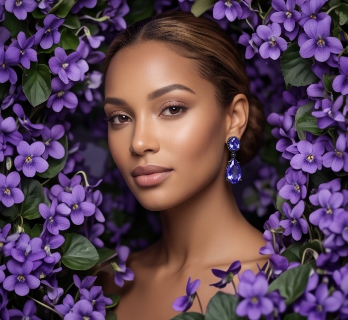 Giovanna - Authentic oval cut18.8 carat Tanzanite black rhodium over .925 Sterling Silver handcrafted earrings - Woman wearing Giovanna tanzanite earrings, surrounded by purple flowers