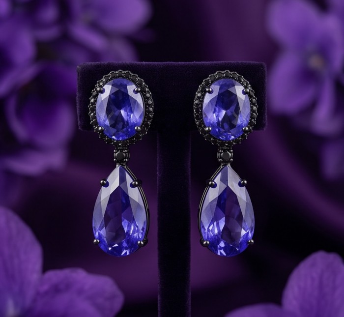 Giovanna - Authentic oval cut18.8 carat Tanzanite black rhodium over .925 Sterling Silver handcrafted earrings - Close-up of oval and teardrop cut tanzanite earrings on display.