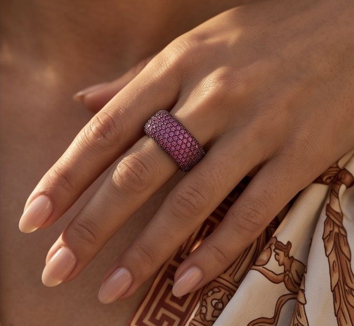Giovanna 8.7 carat pave Kashmir Ruby .925 Sterling Silver handmade Statement Ring size 6 3/4 - Ruby ring on hand, close-up, 8.7 carat pave on sterling silver.