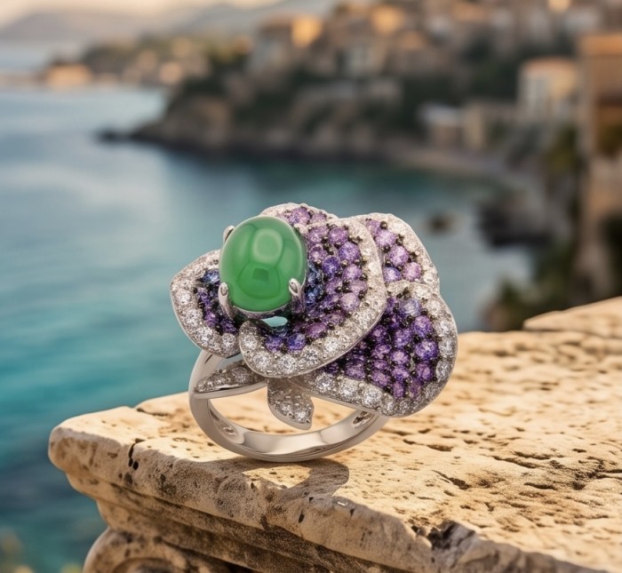 Isabella 4.9 carat Colombian Emerald 3.2 carat pave Amethyst .925 Sterling Silver dipped in Rhodium handcrafted Ring size 8 - Close-up of Isabella emerald and amethyst ring on stone ledge.