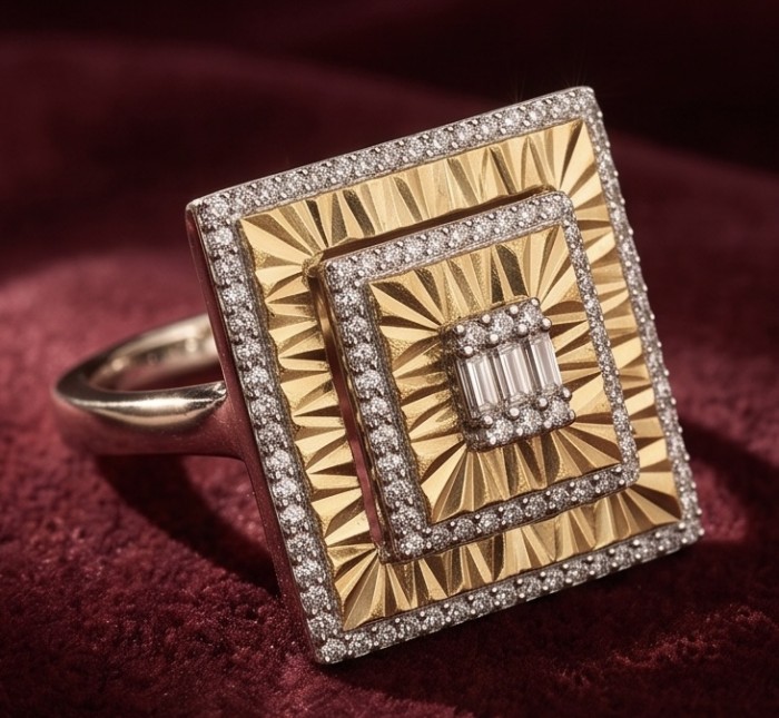 Art Deco 2.2 carat White Topaz 14K Gold over .925 Silver handcrafted Cocktail Ring s. 7 - Close-up of Art Deco ring with white topaz on gold and silver background.