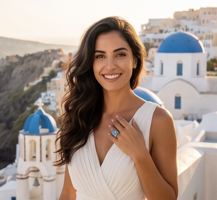 The Ocean Empress 45.8 carat Swiss Blue Topaz rhodium over .925 Sterling Silver dipped in rhodium handcrafted ring size 6 - Worn on hand with scenic background, The Ocean Empress Blue Topaz ring