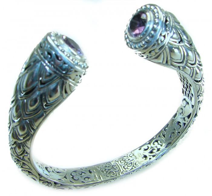 Heavy and Solid 49.8 grams authentic Amethyst .925 Sterling Silver handcrafted bracelet - Side view of ornate sterling silver bracelet with amethyst stones